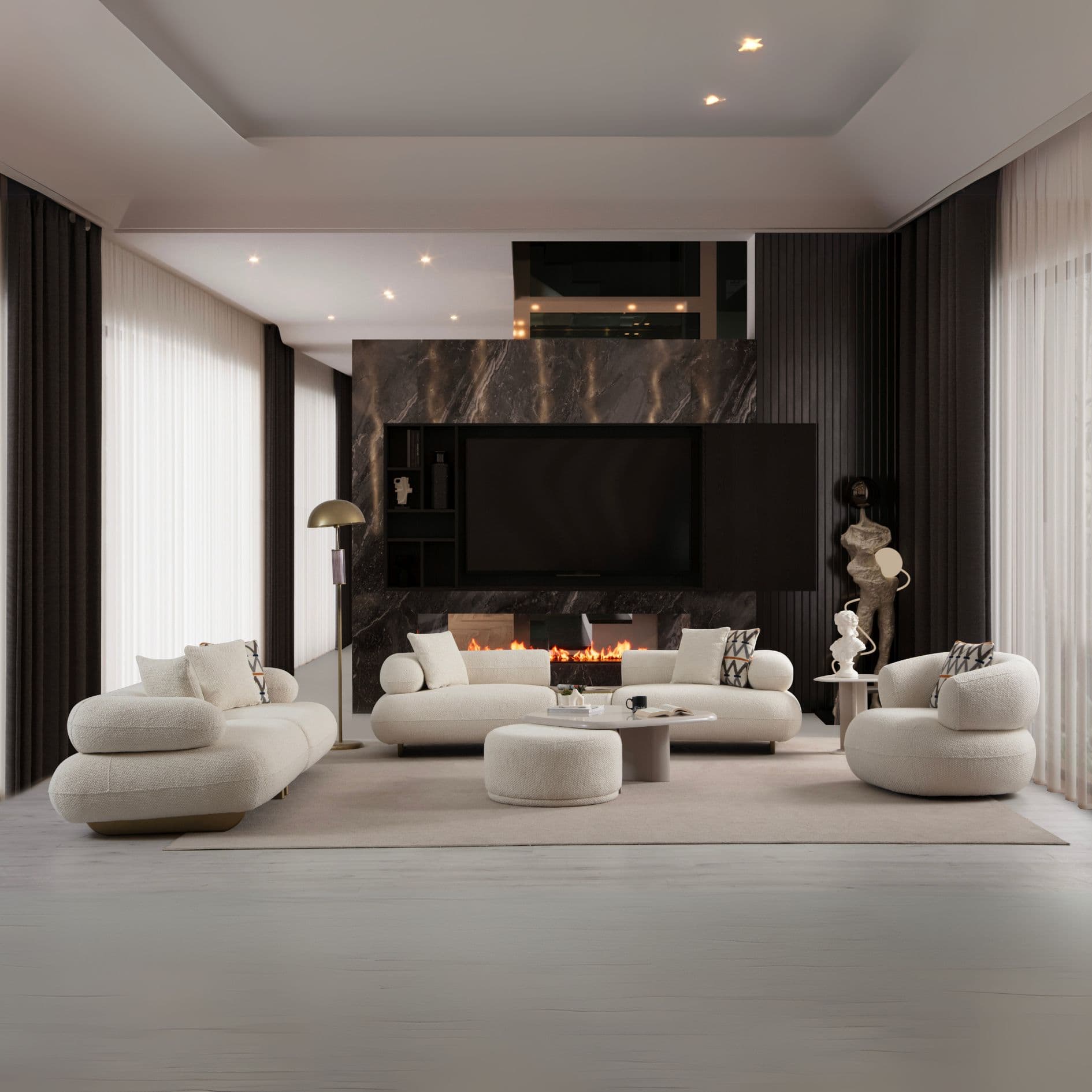 Прав диван Glamour в светъл букле стил с заоблени линии. Модерен диван за уютна дневна.