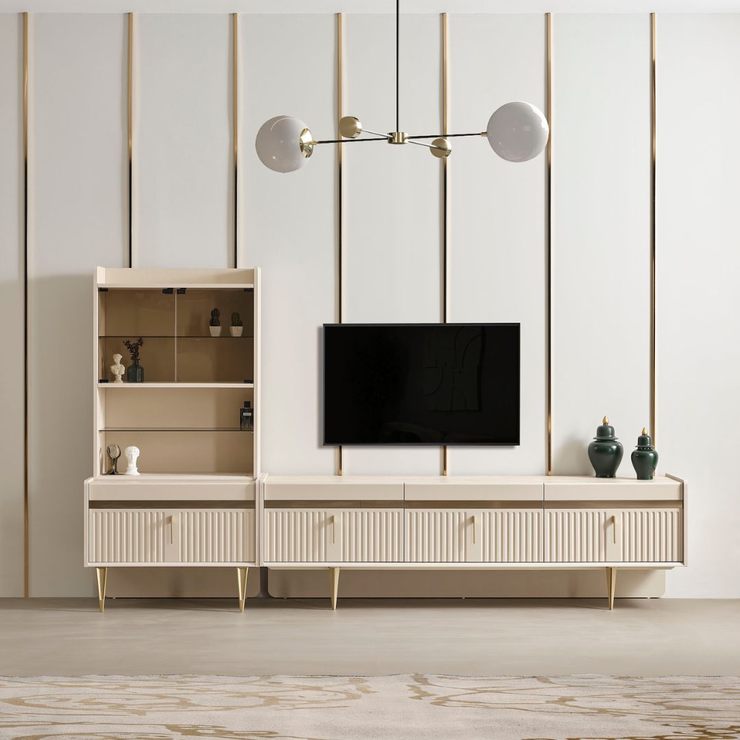 ТВ секция Tesla – фронтален изглед на модерна композиция за дневна.