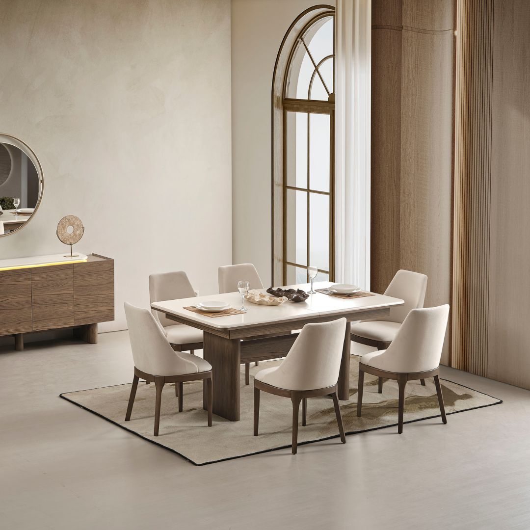 Трапезна маса Liva – фронтален изглед на правоъгълен плот със заоблени ъгли.