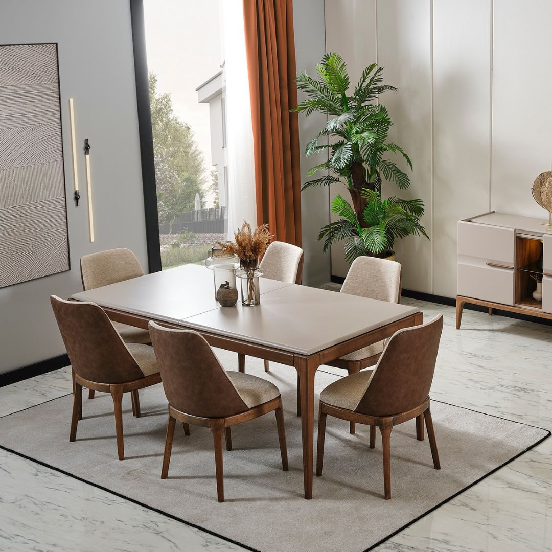 Трапезна маса Nova – фронтален изглед на правоъгълен плот със заоблени ъгли.