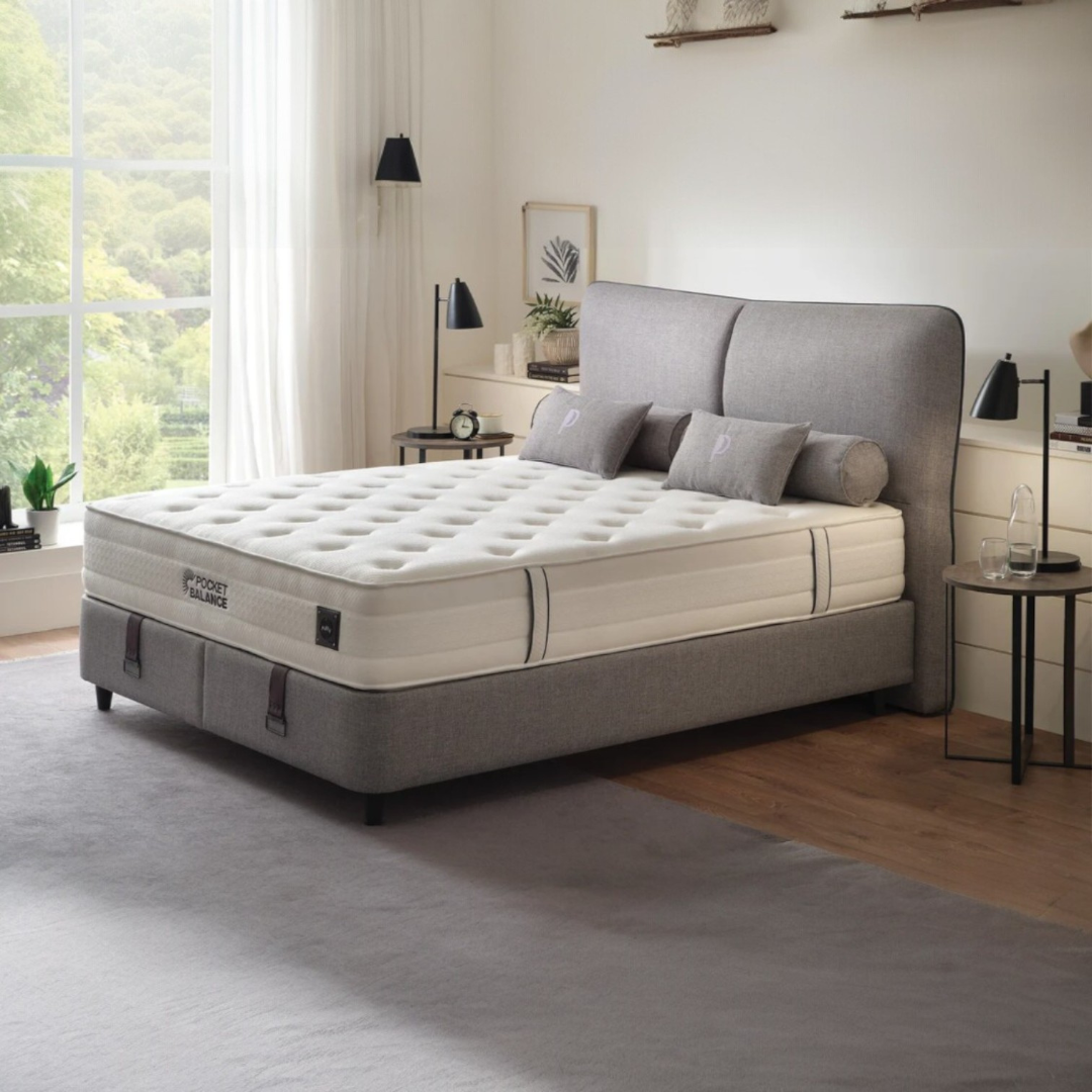легло с включен матрак Puffy Pocket Balance с табла и основа в сив текстил