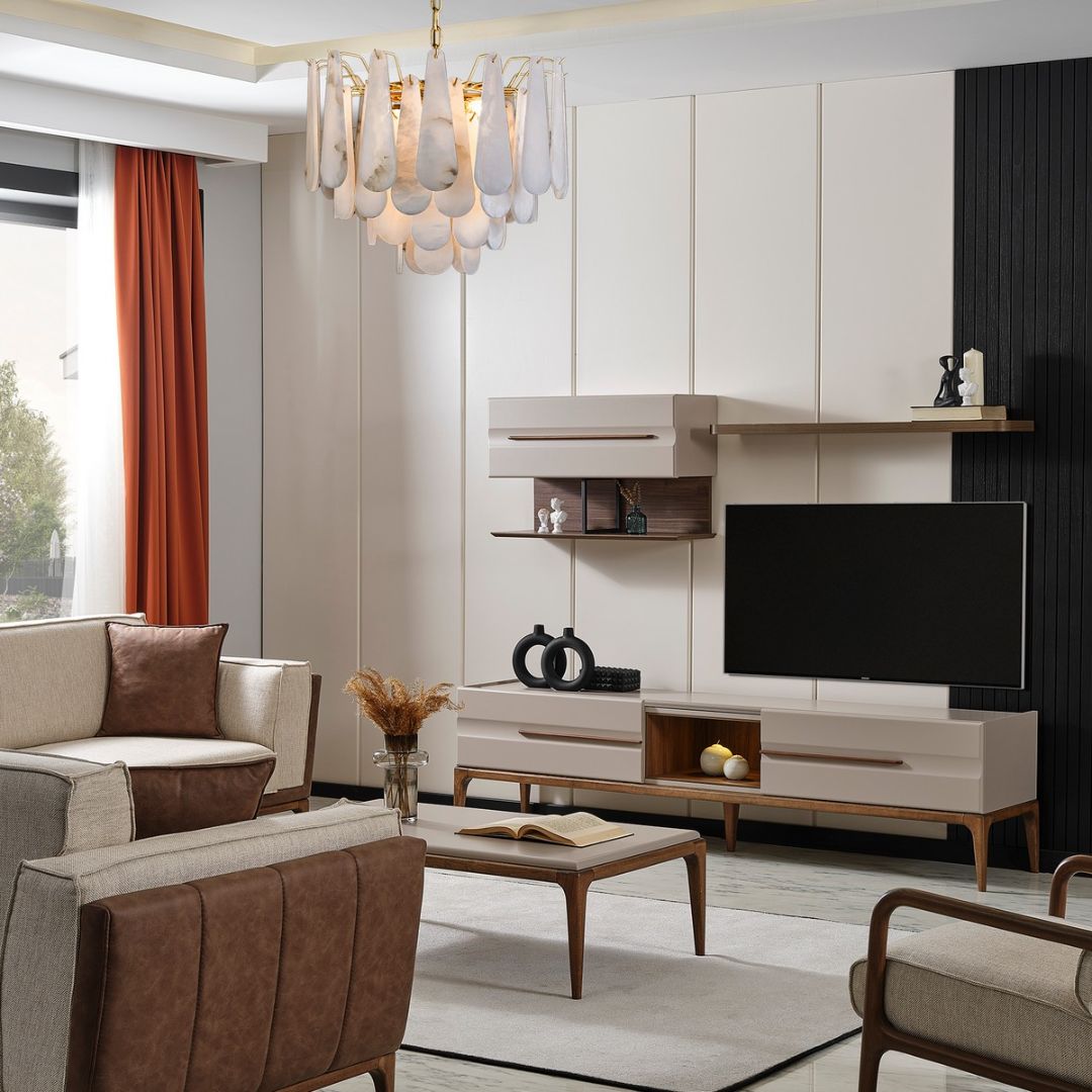 Близък план на фронтовете и дръжките на ТВ секция Nova. Фините детайли и дървесният акцент добавят премиум усещане.