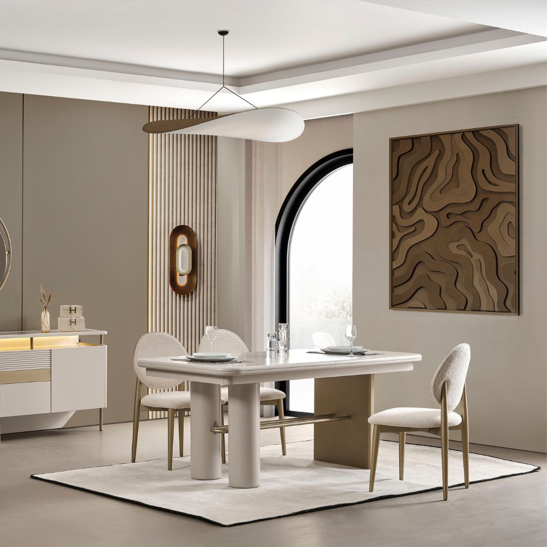 Трапезна маса Vega – изглед три четвърти, подчертаващ балансираните пропорции.