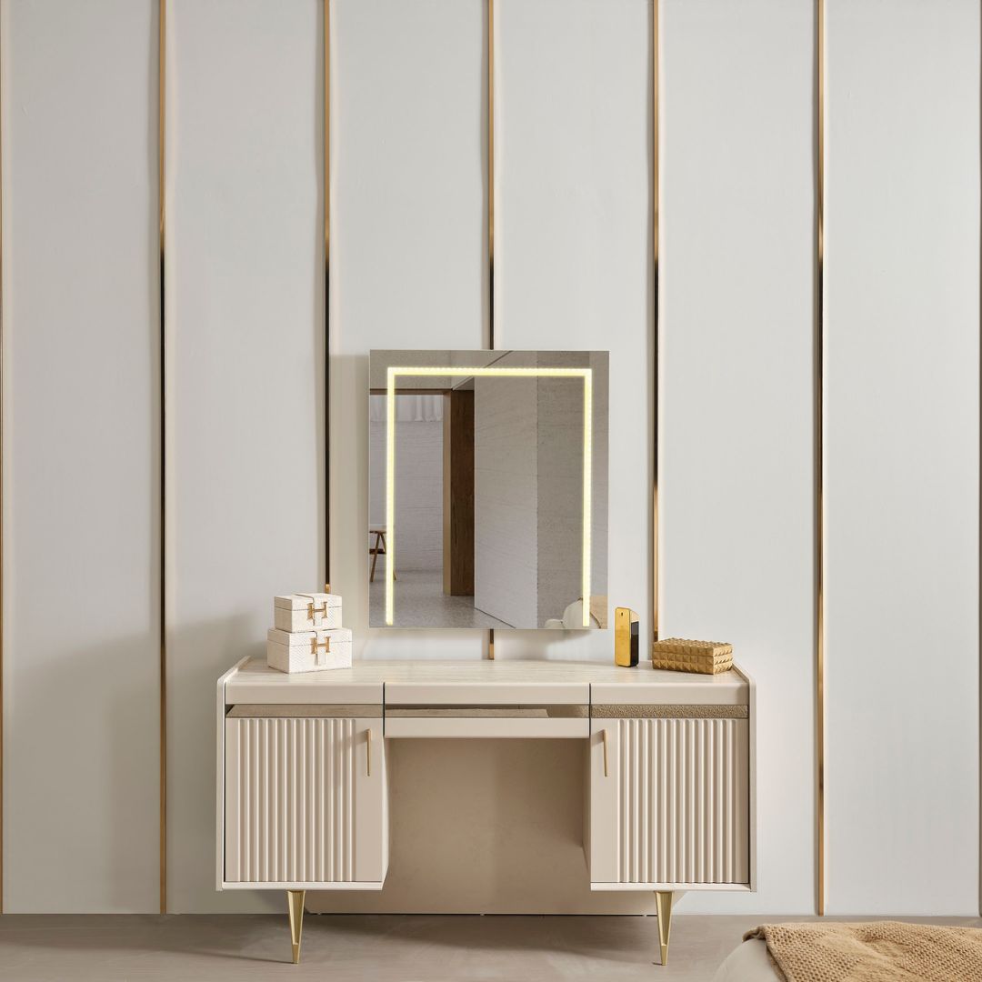 Тоалетка с огледало Tesla – фронтален изглед с широк, изчистен плот.