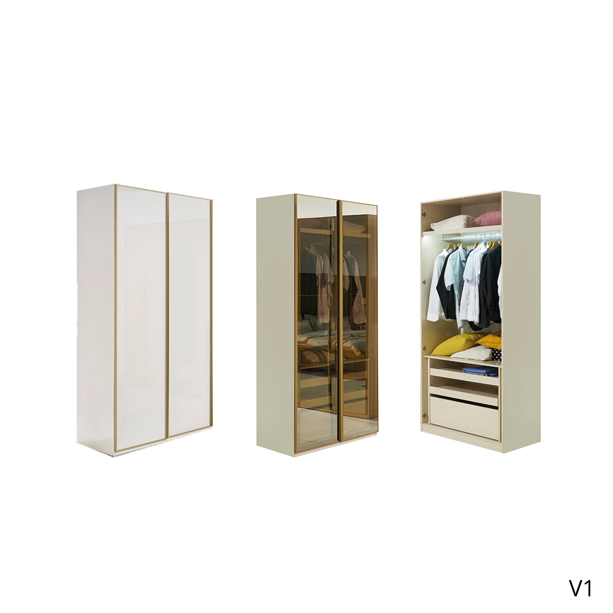 двукрилен гардероб с плътни и стъклени врати показващи вътрешното разположение