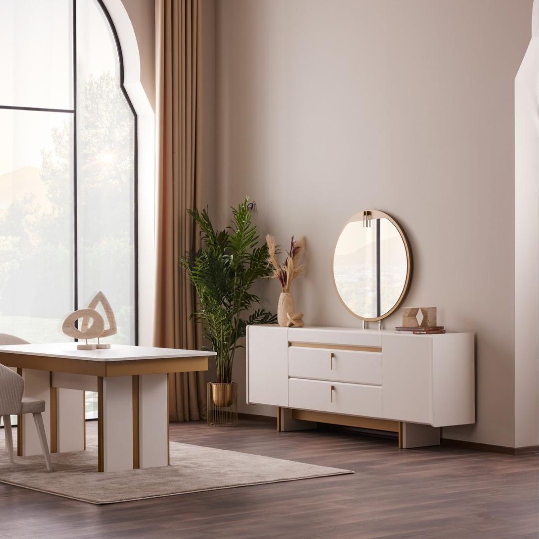 Бюфет с огледало Loren, фронтален изглед, показващ симетричния дизайн с врати и чекмеджета.