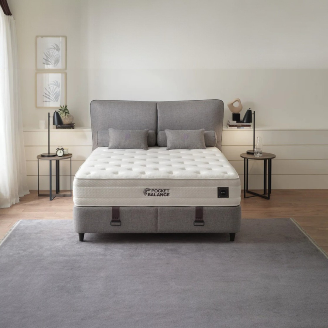 Легло с включен матрак Puffy Pocket Balance с табла и основа в сив текстил