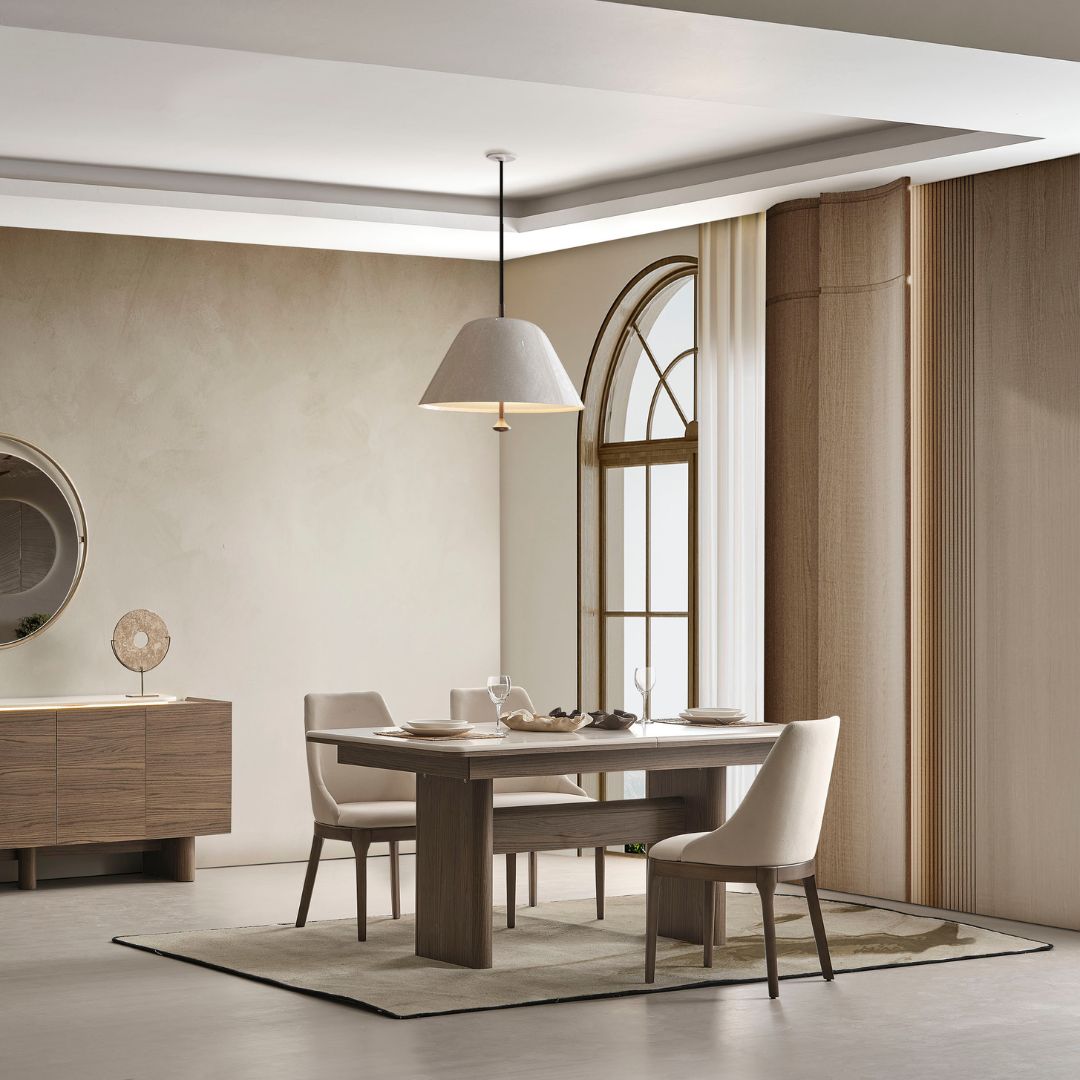 Трапезна маса Liva – изглед три четвърти, подчертаващ стабилната основа.