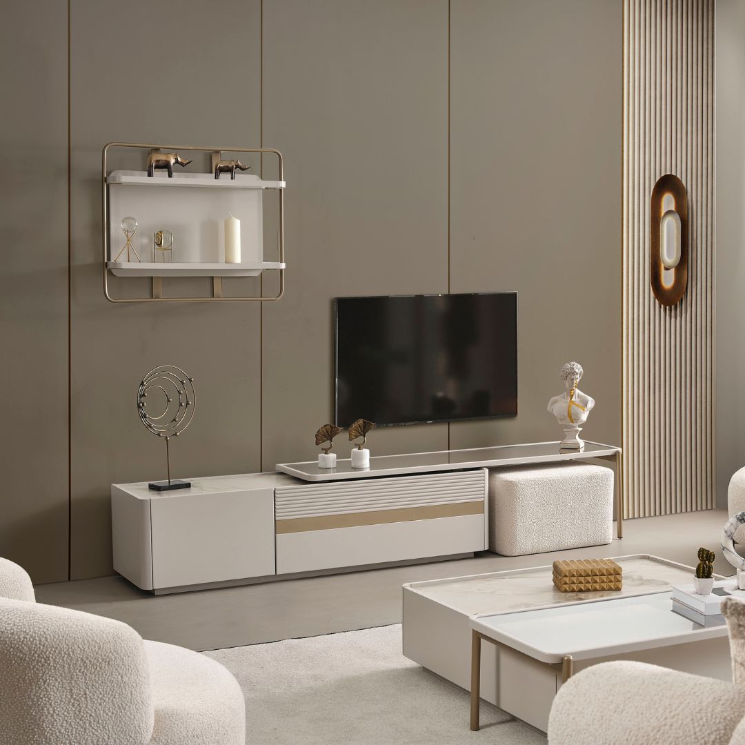 ТВ секция Vega – изглед три четвърти със зони за ТВ и рафтове.