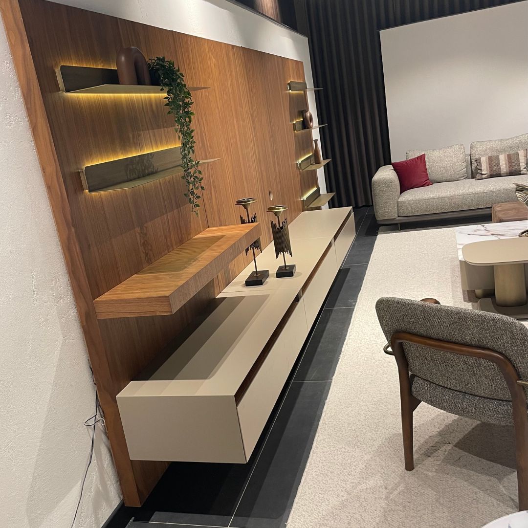 ТВ панел Harmony с модул с рафтове, на които са подредени книги и декорация до телевизора.