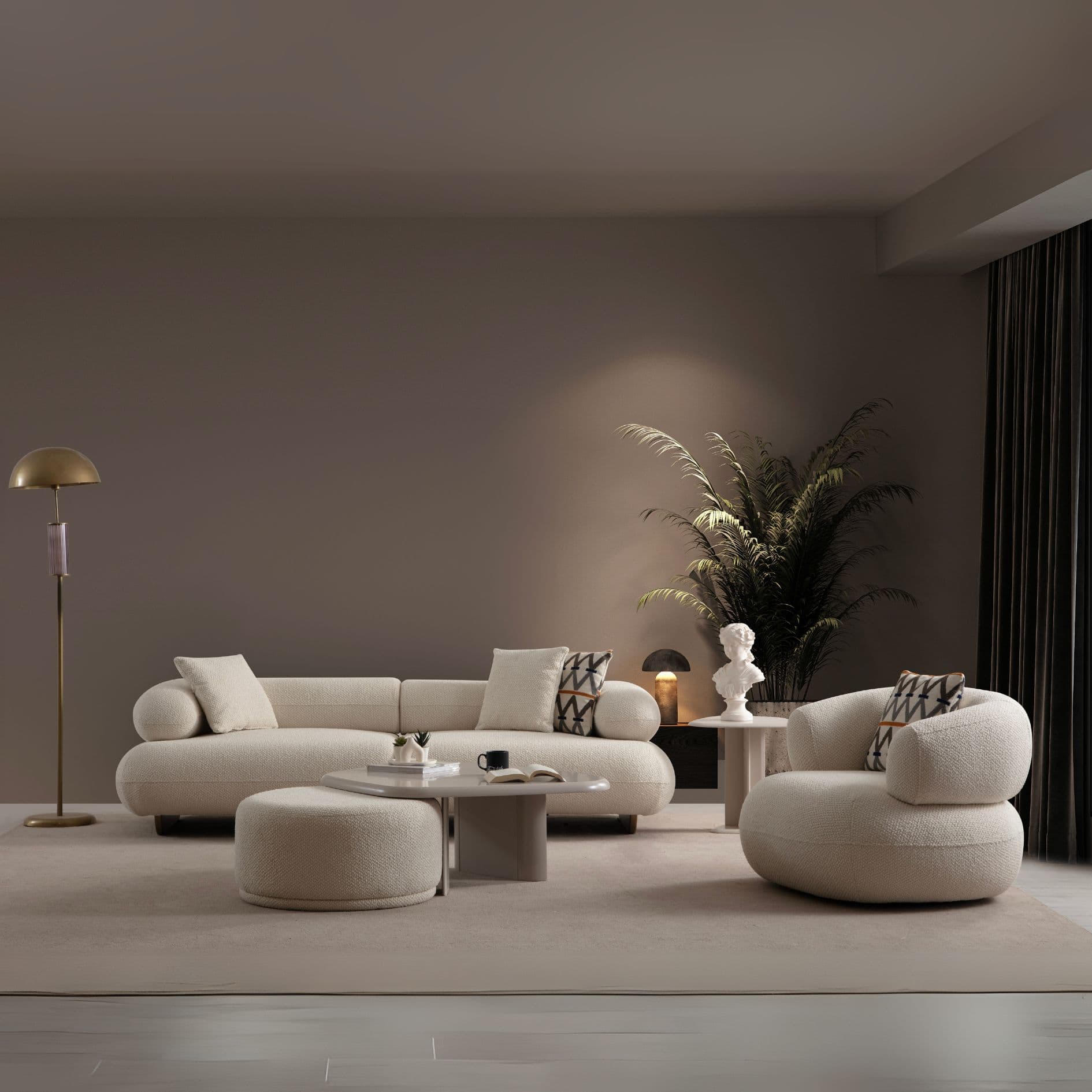 Страничен изглед на прав диван Glamour с високи крачета. Практично решение за лесно почистване около дивана.