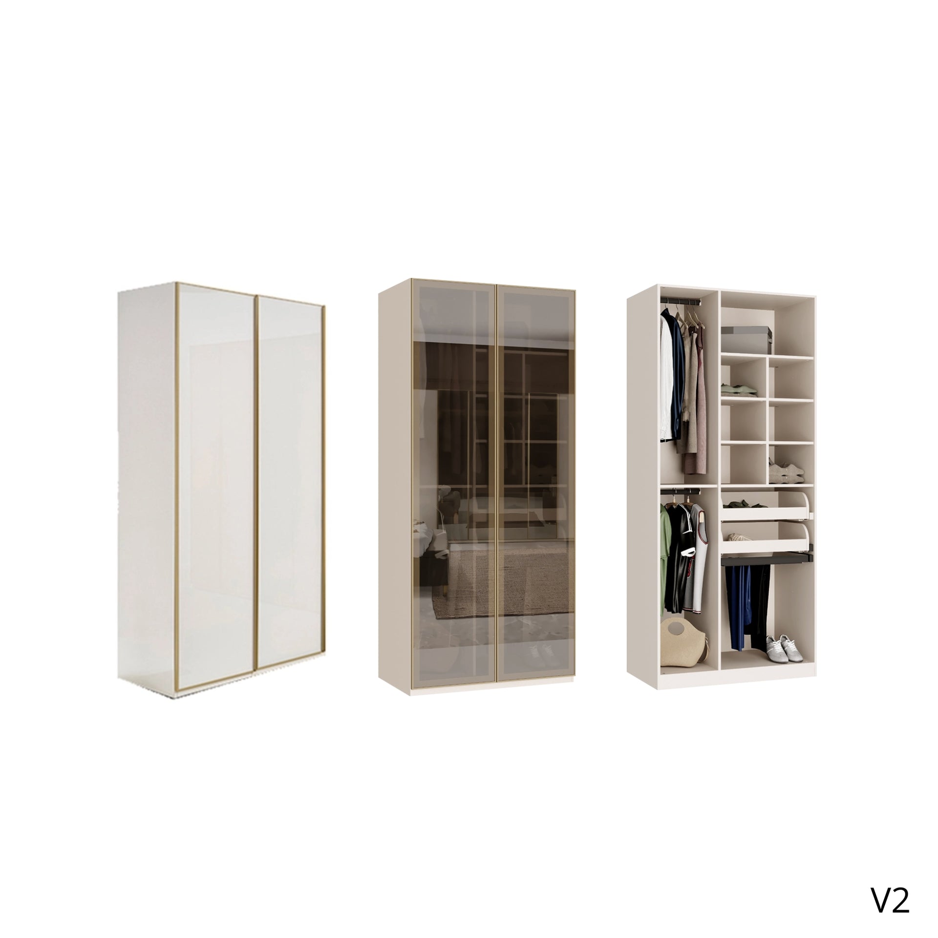 двукрилен гардероб с плътни и стъклени врати показващи вътрешното разположение