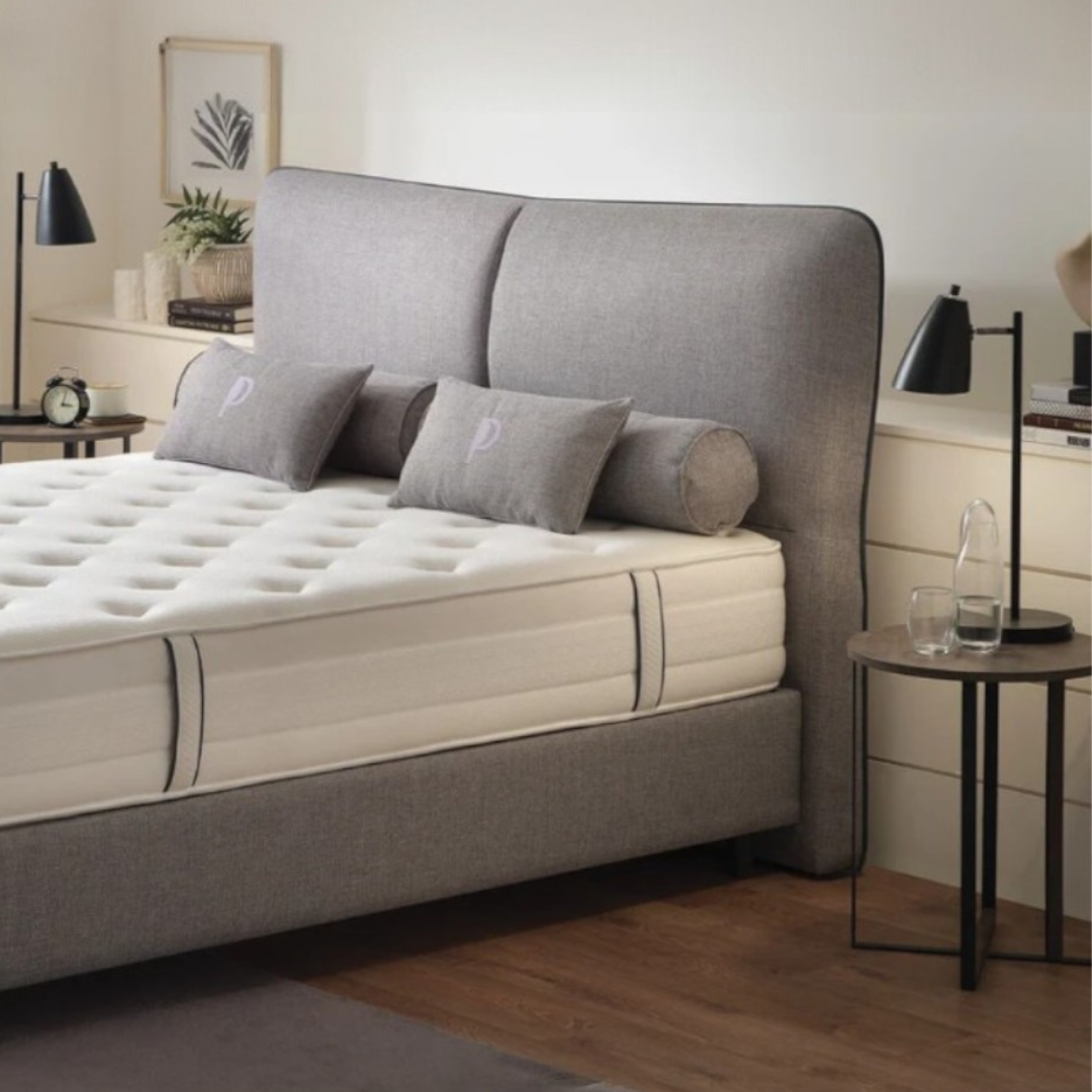 Легло с включен матрак Puffy Pocket Balance с табла и основа в сив текстил
