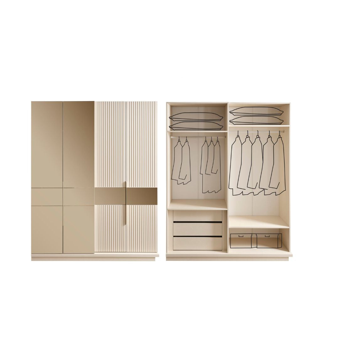 Гардероб Tesla – композиция с други мебели от серията в светъл интериор.