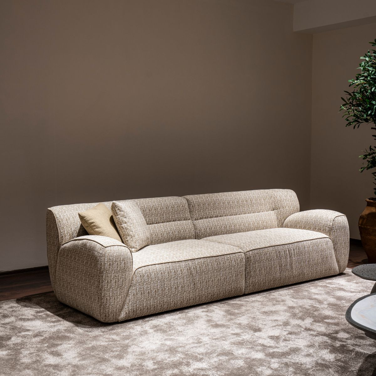 Изобр. 1: Прав диван Avida в модерен интериор с декоративни възглавници.