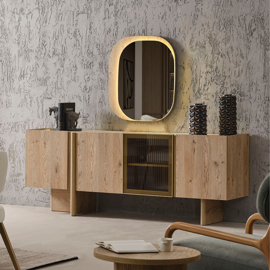 Бюфет Anka – детайл на ръба и плавните линии на вратите.