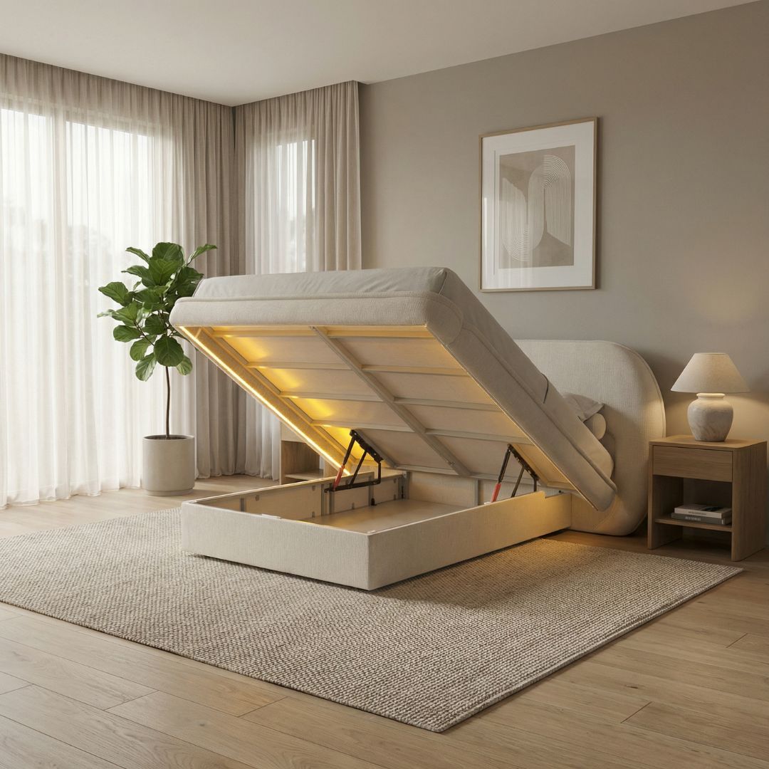 Легло DMF 01 – изглед под ъгъл, който показва формата и линиите на леглото и високия матрак за „хотелско“ усещане.