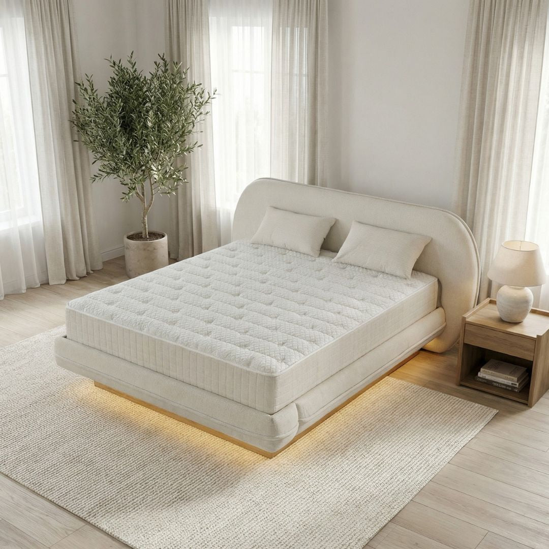 Легло DMF 01 с включен матрак – общ изглед на готов комплект за спалня с тапицирана визия и подредена композиция.