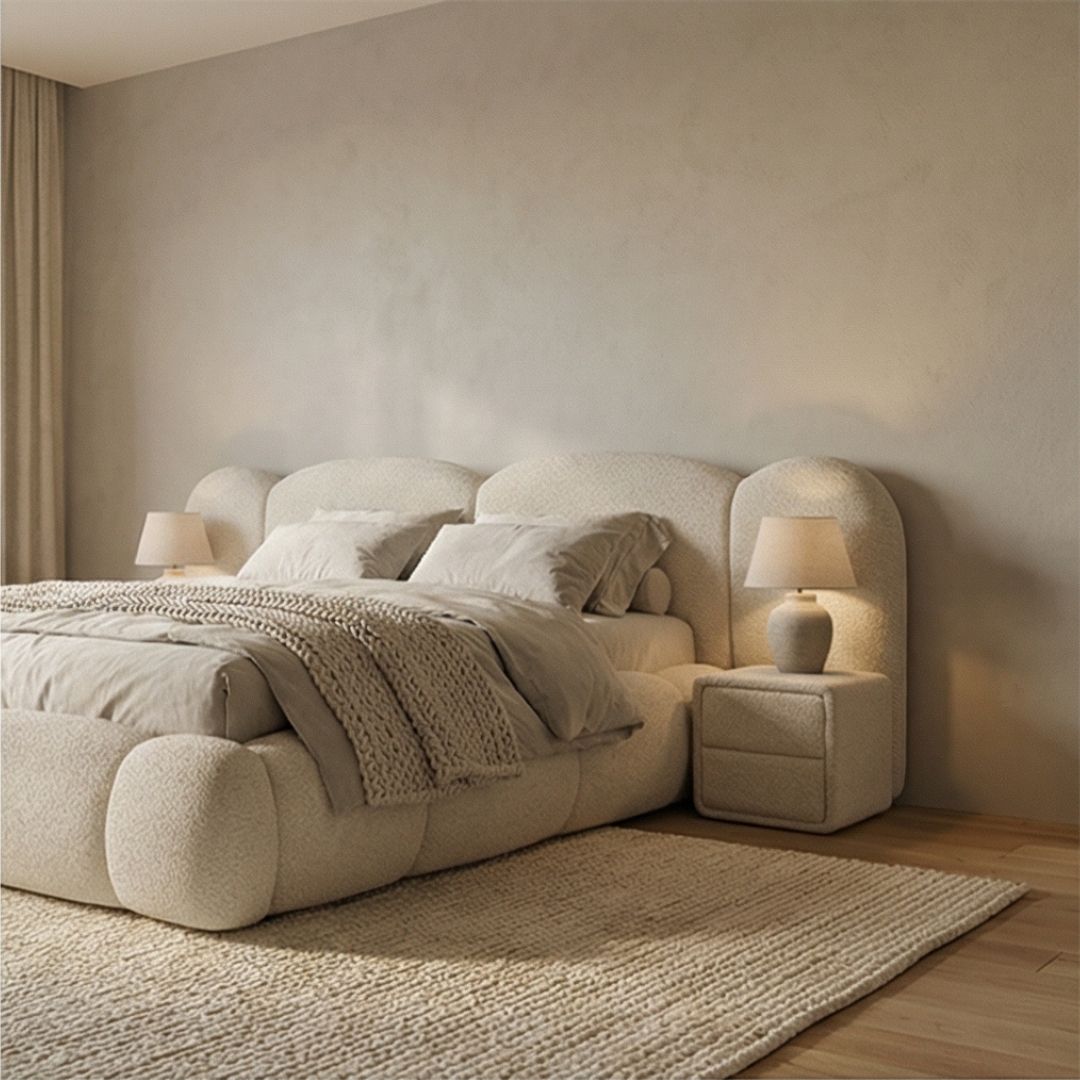 Легло DMF 02 под ъгъл, показващо тапицираната рамка и цялостния силует на комплекта легло + матрак.