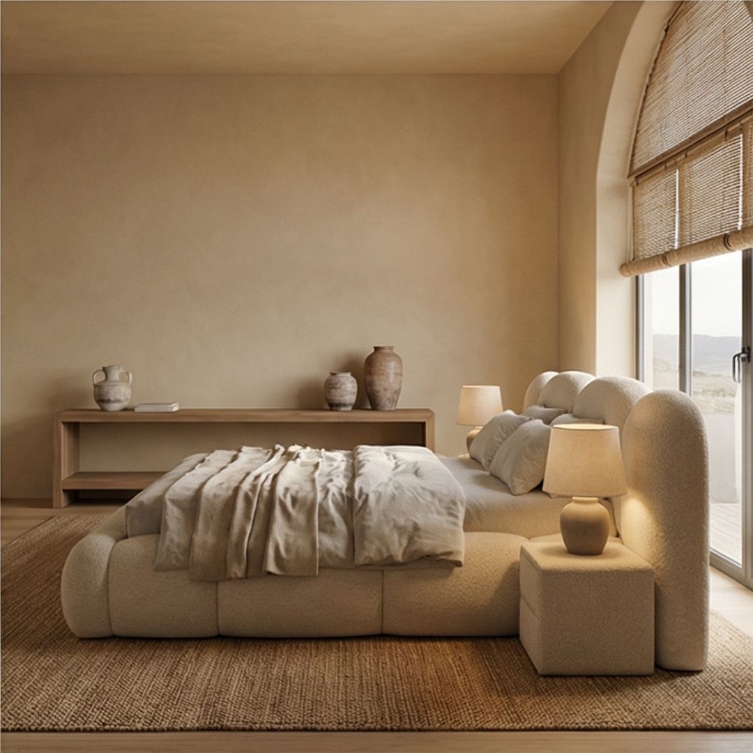 Легло DMF 02 под ъгъл, показващо тапицираната рамка и цялостния силует на комплекта легло + матрак.