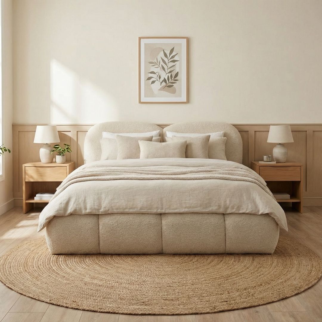 Легло DMF 03 – изглед под ъгъл, показващ тапицираната визия и завършения силует на комплекта. Идеално за modern интериор.