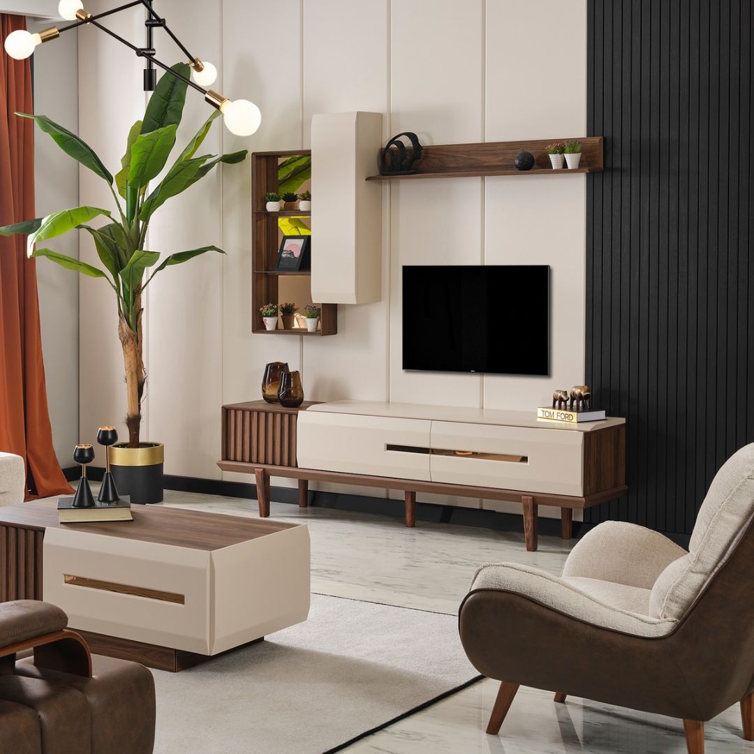 ТВ секция Monza – фронтален изглед с зона за телевизор и ниши.