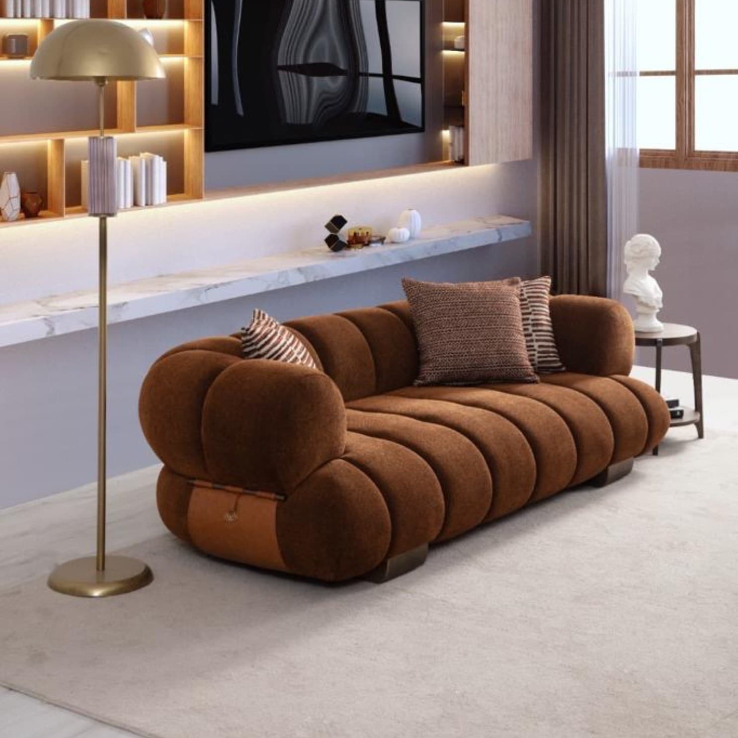 Прав диван Moon Life, модерна визия детайли от кожа и метал.