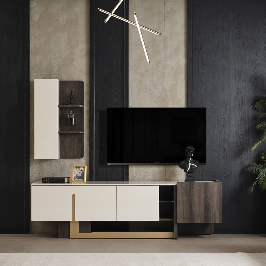 ТВ секция Pedro, фронтален изглед с зона за телевизор и отворени ниши. Излъчва подреден, минималистичен стил.