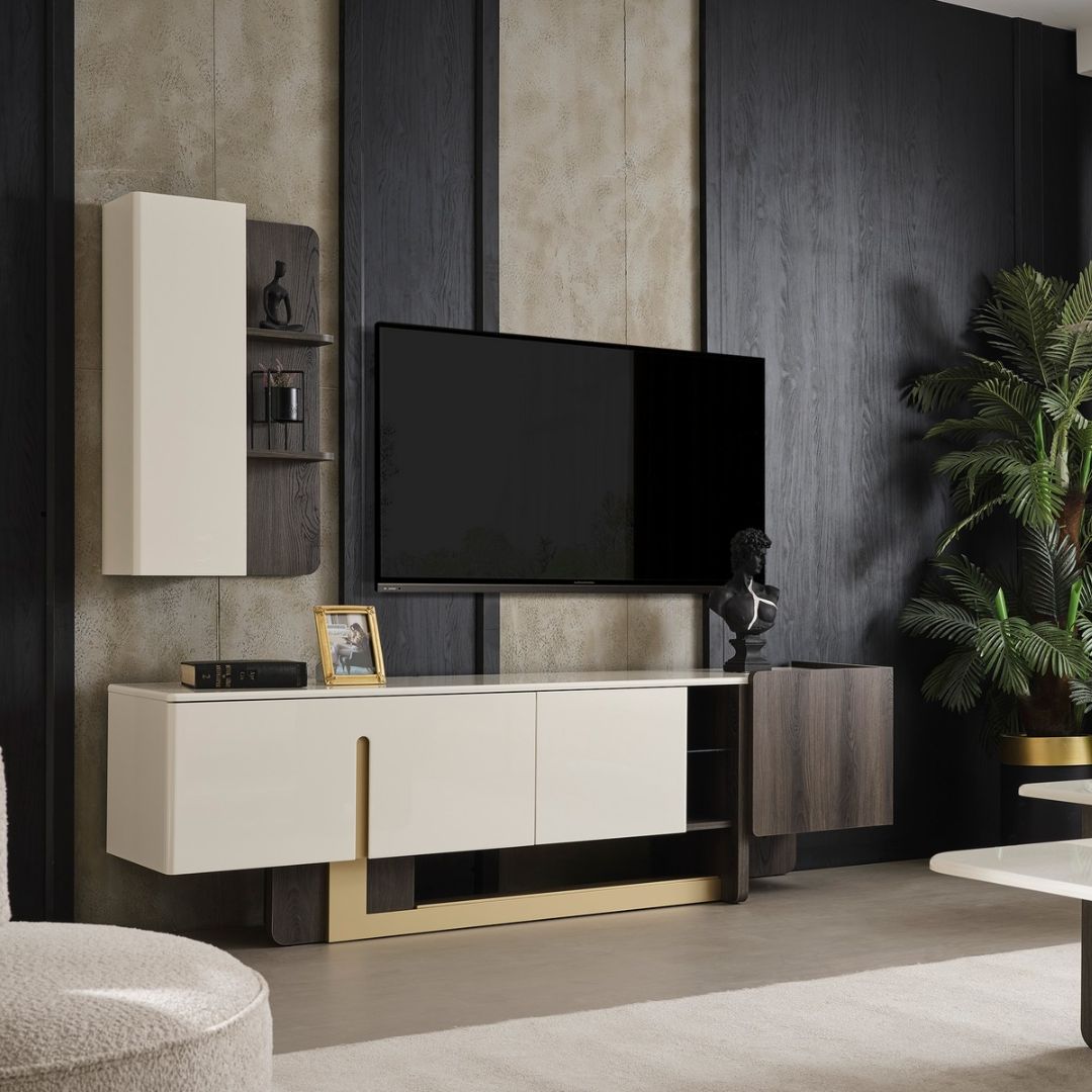 Близък план на шкафовете на ТВ секция Pedro. Детайлът подчертава чистата линия и прецизната изработка.