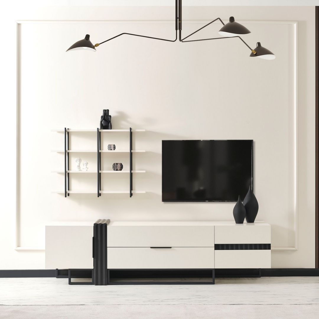 ТВ секция Safir – изглед три четвърти с отворени ниши и затворени шкафове.