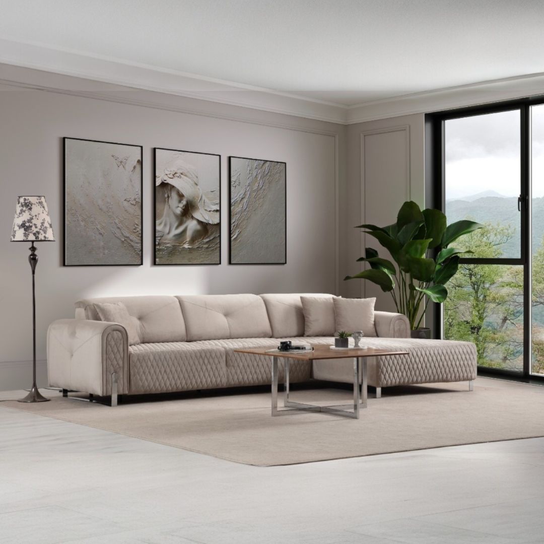 Ъглов диван Versace 305 см бежов с видок крак 