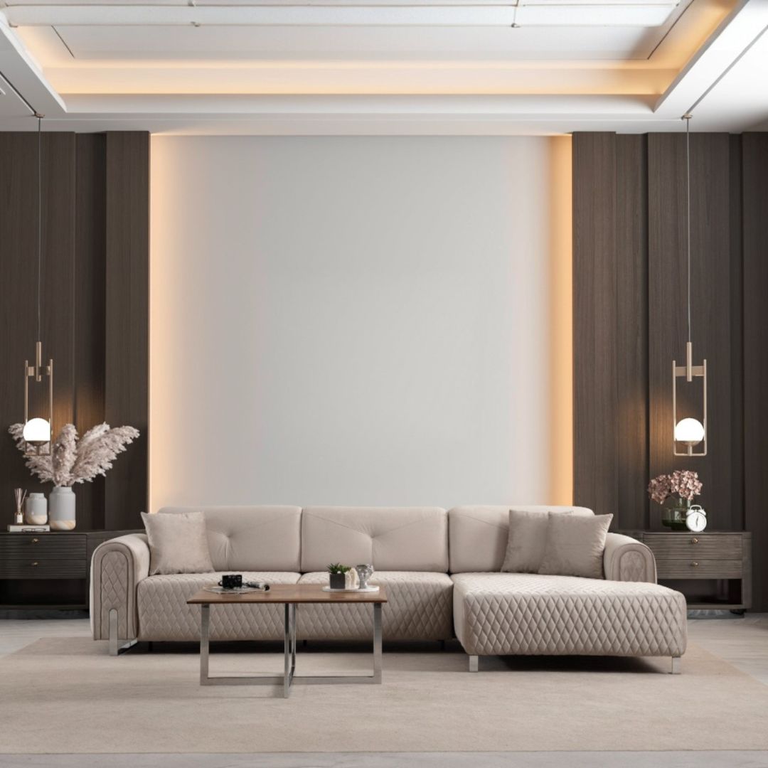 Ъглов диван Versace 305 см бежов с видок крак 