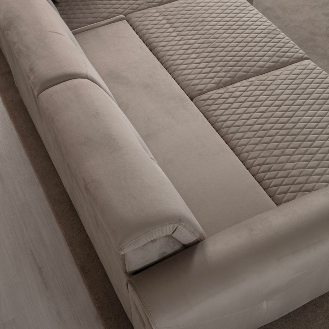 Ъглов диван Versace 305 см бежов с видок крак 