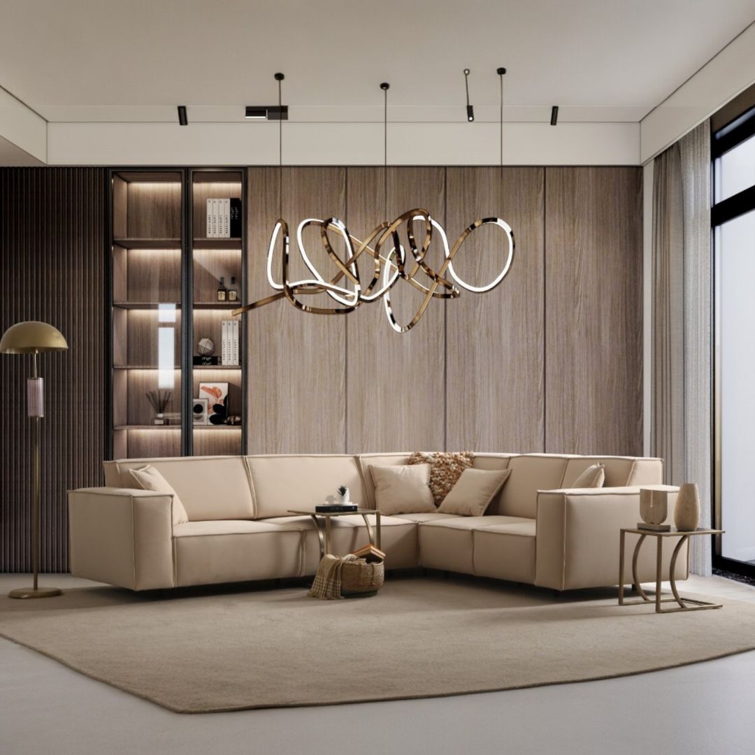 Бежов ъглов диван с електрически механизъм за сън