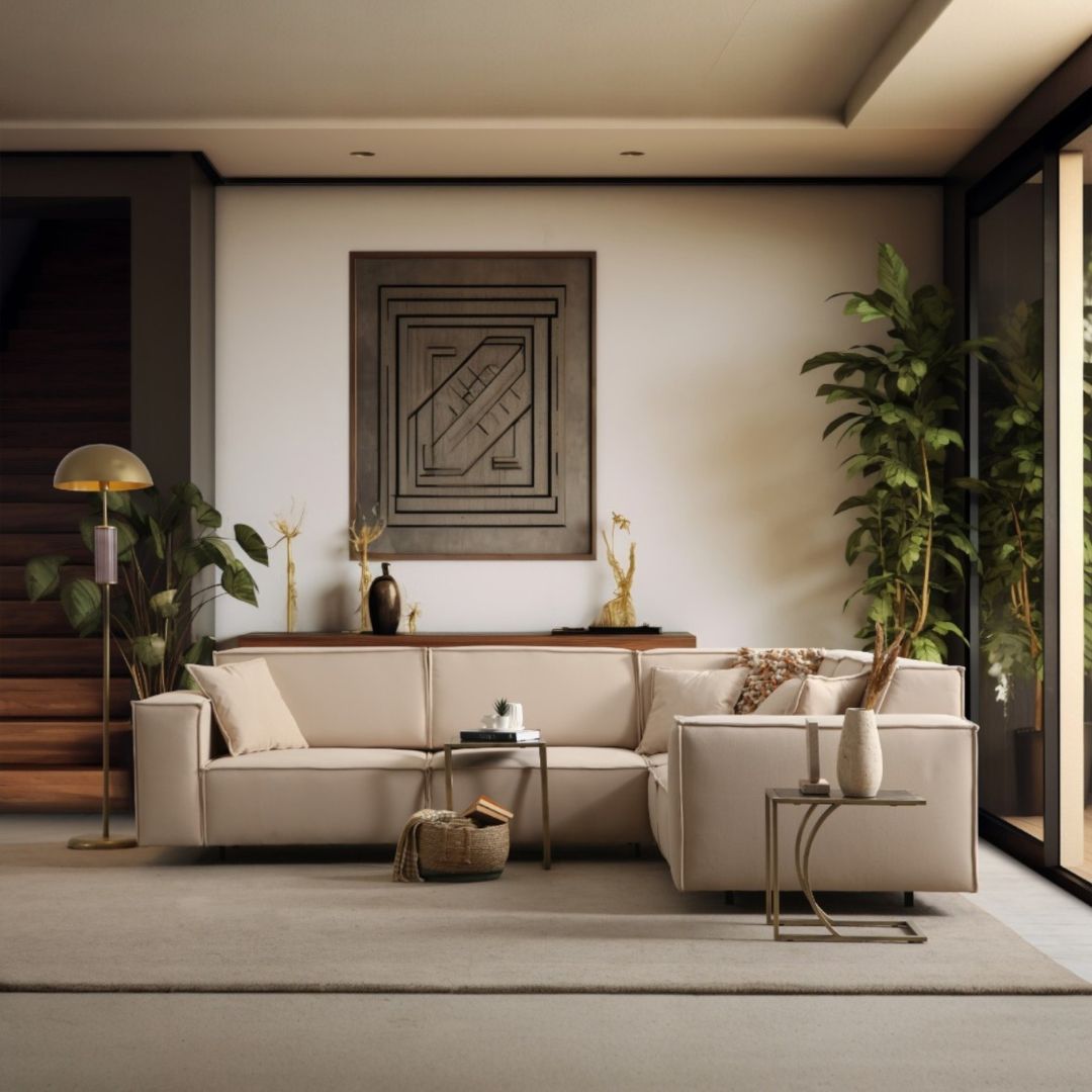 Бежов ъглов диван с електрически механизъм за сън