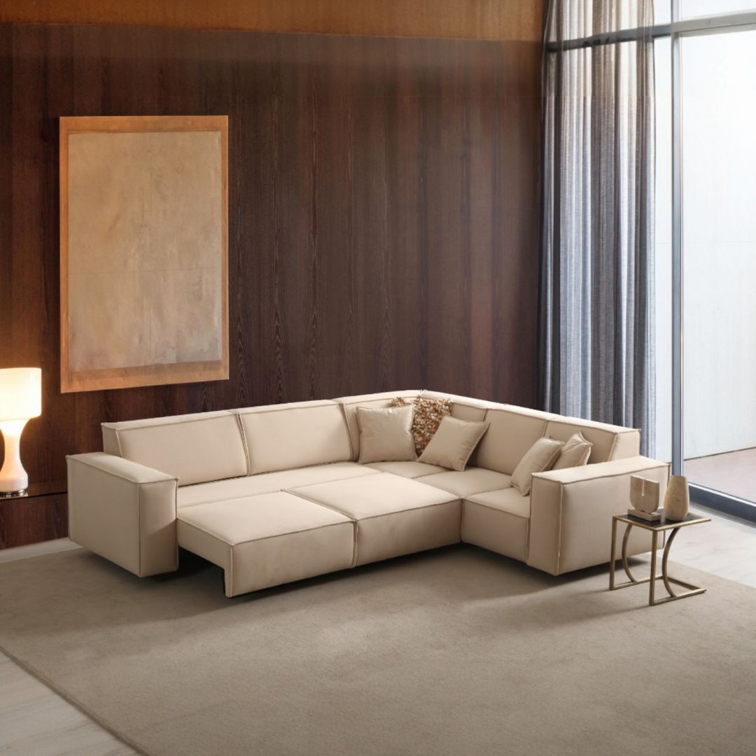 Бежов ъглов диван с електрически механизъм за сън