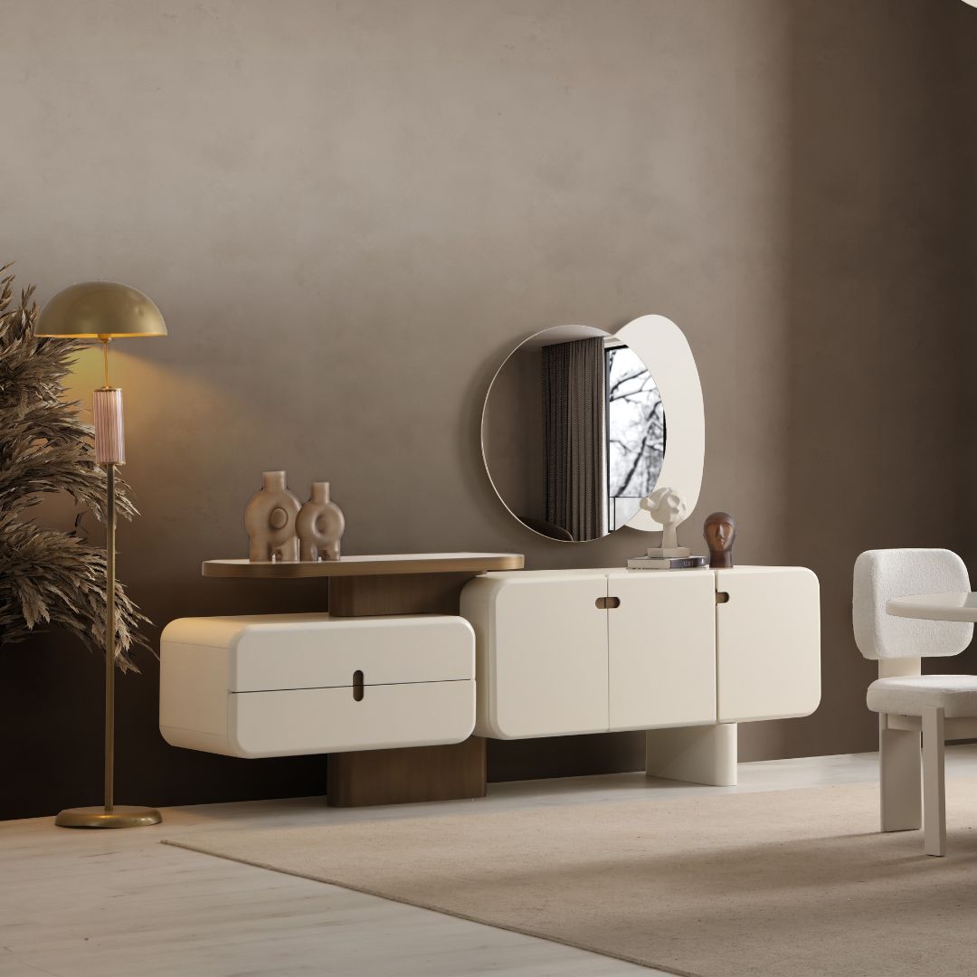 Бюфет Molivo с огледало в модерна трапезария, декориран с лампа и аксесоар