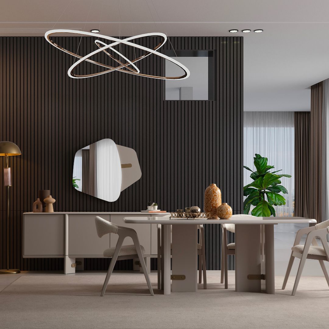 Бюфет Glamour с голямо огледало, разположен срещу трапезна маса в тъмна стая с ламелен фон и декоративни аксесоари.