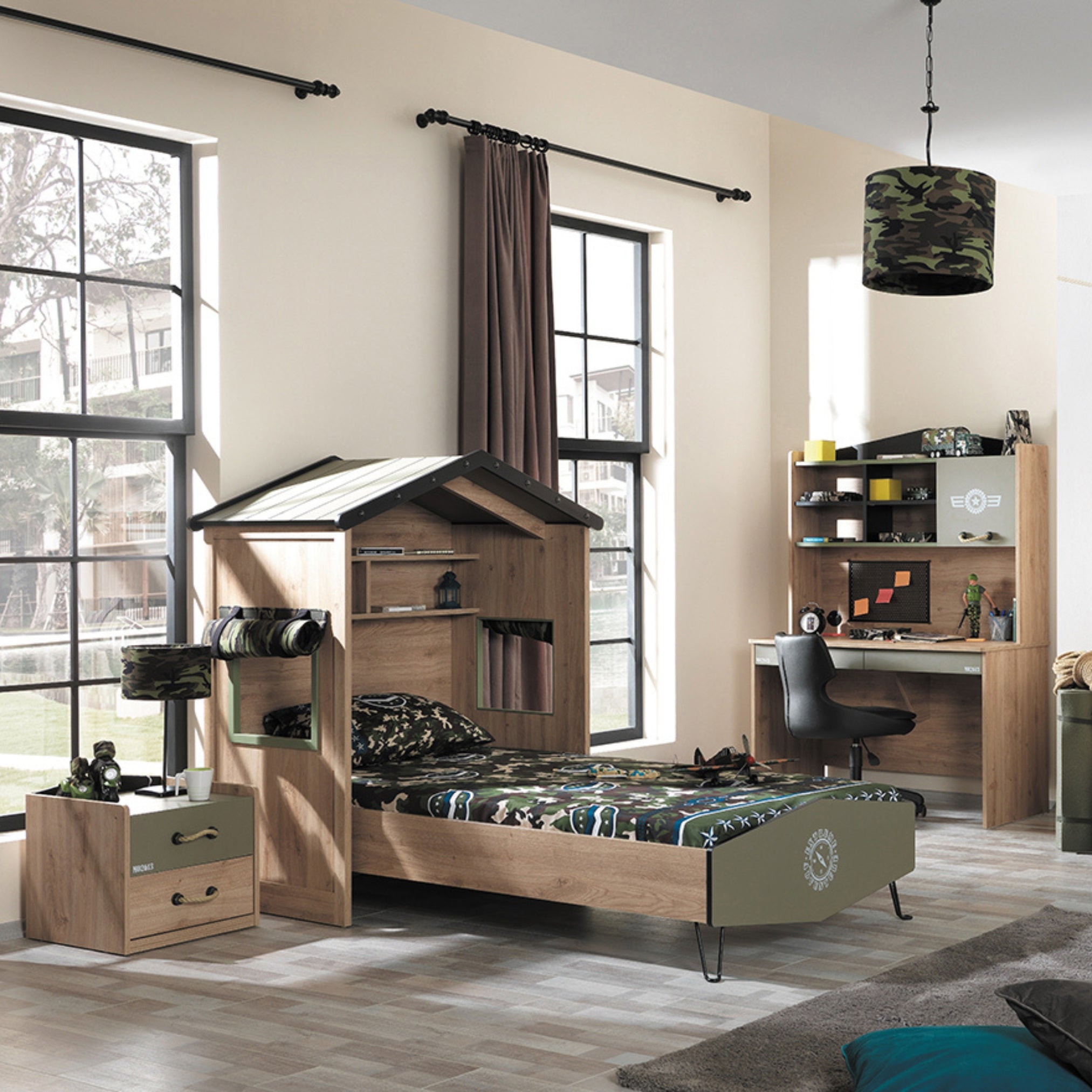 Легло Camp с покривна конструкция и рафтове над таблата