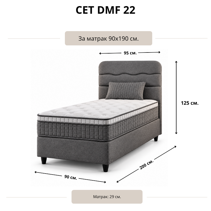 Размерна схема на тапицирано легло DMF 22 за матрак 90 × 190 см, с означени ширина и дължина на основата, размери на таблата и височина на матрака.