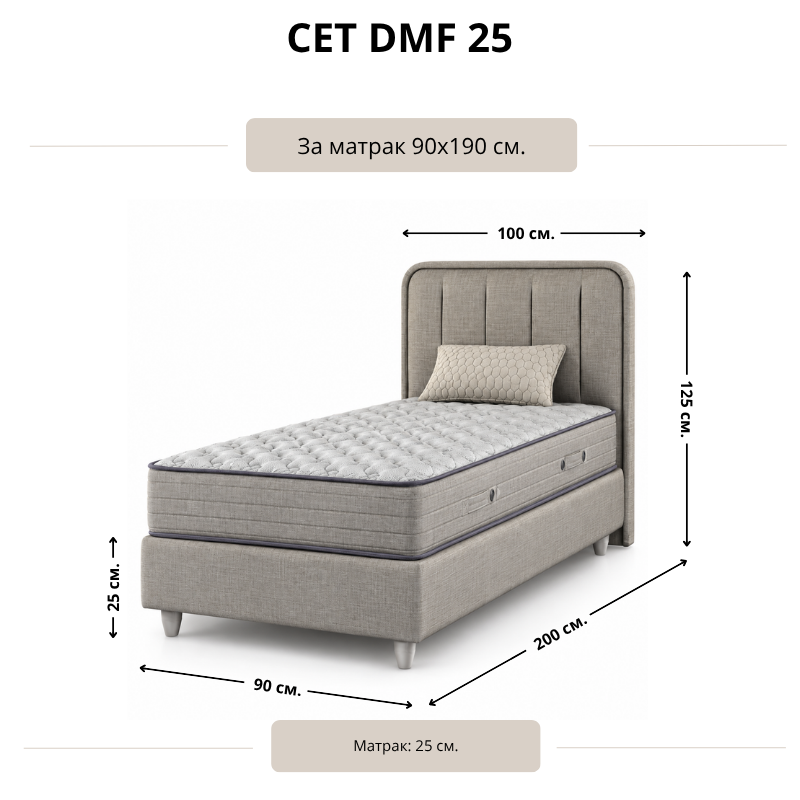 Размерна схема на тапицирано легло DMF 25 за матрак 90 × 190 см, с означени размери на основата, заоблената табла и височина на матрака.