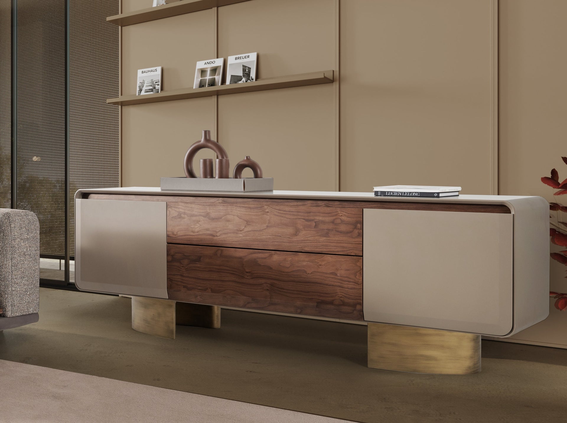 Бюфет Harmony - ModeБюфет Harmony, заснет фронтално, с изчистен дълъг корпус и широк плот, подреден с декорация в модерна дневна.n Furniture