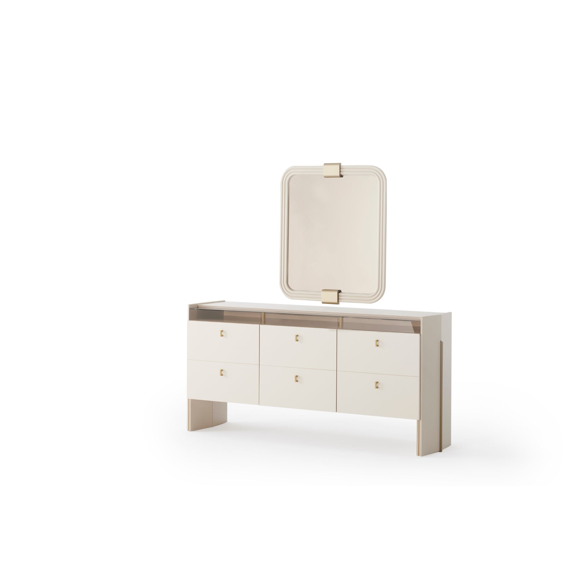 Комплект бюфет с огледало Helen на бял фон – светъл шкаф с чекмеджета и огледало в същия стил.