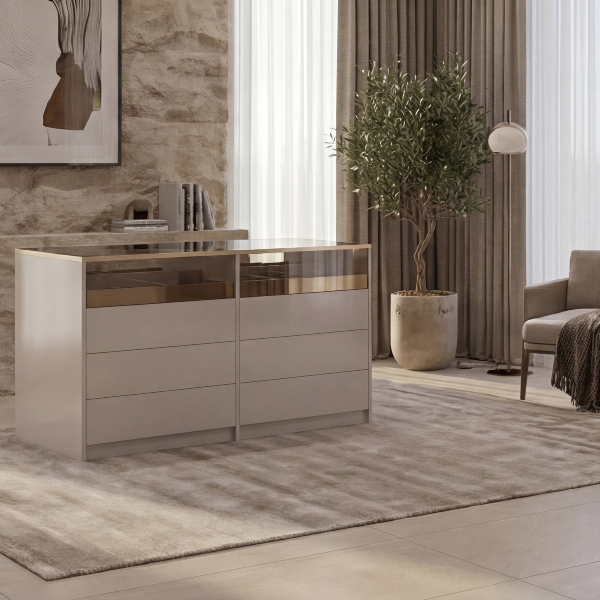 Двоен скрин Kapadokya, островен скрин със стъклен плот в модерна спалня.