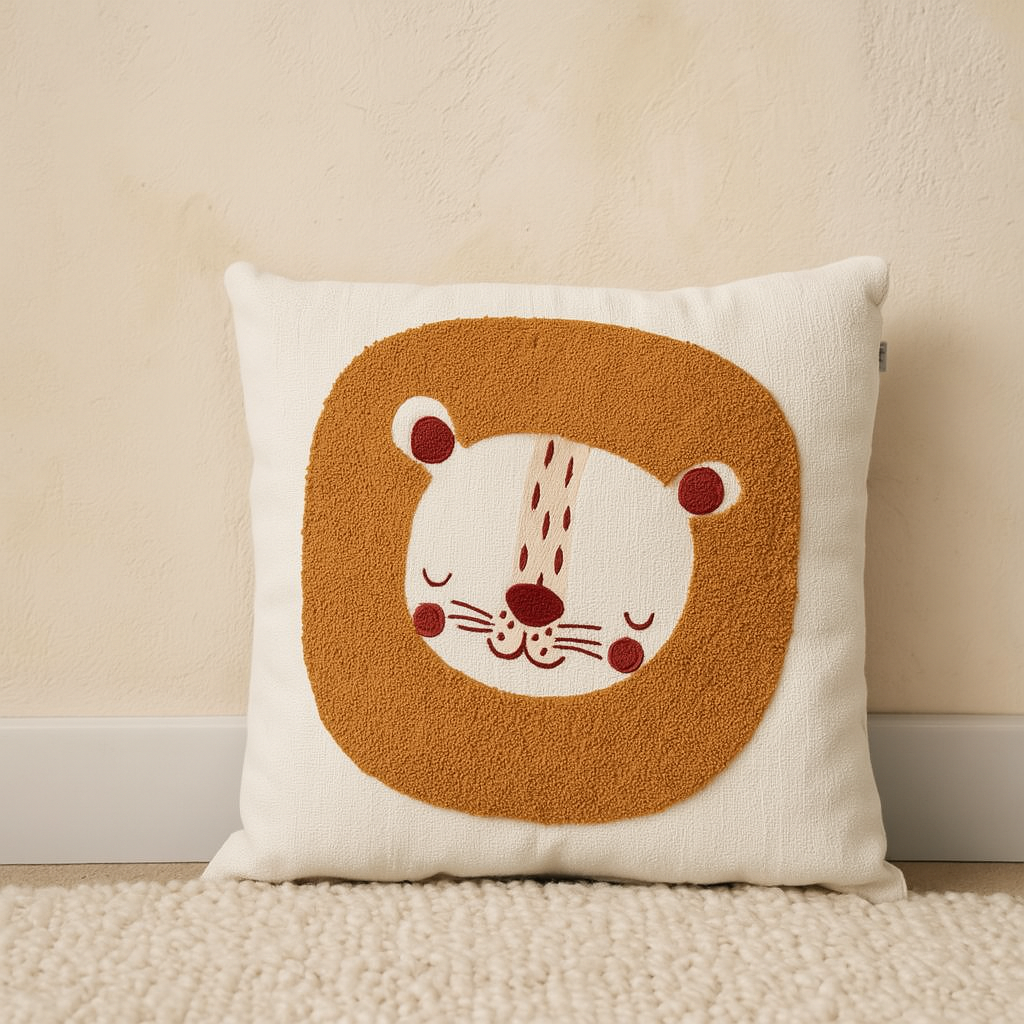 Декоративна възглавничка Лъвче 40×40 см с меко покритие и вътрешен пълнеж.