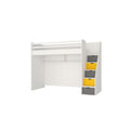 Горно легло Neo Yellow на бял фон – конструкция за матрак 90×200 и стълби с вградени шкафчета. Цветните акценти правят стаята по-жива.