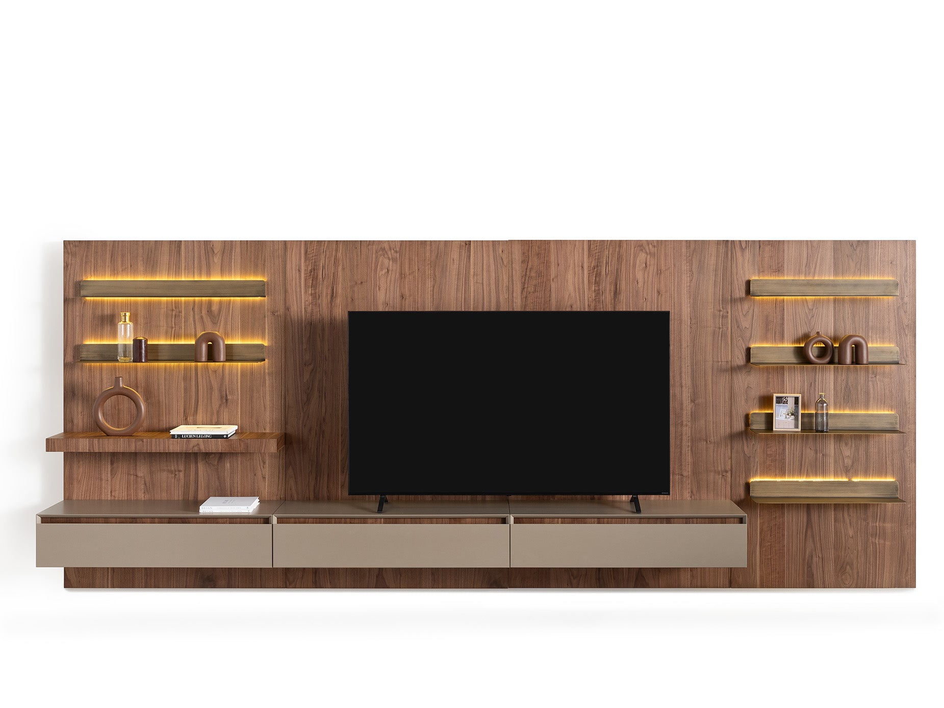 Комбинация от трите модула на ТВ панел Harmony, оформящи цялостна, подредена ТВ стена.