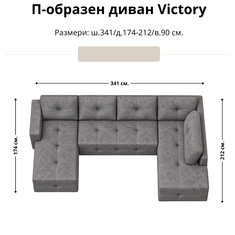 Размерна схема на П-образен диван Victory: ширина 341 см, дълбочина на лявата част 174 см, на дясната 212 см и височина 90 см.