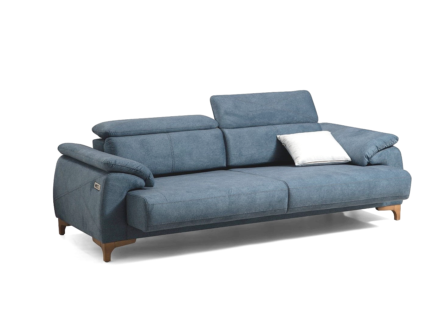 a blue couch with a pillow on top of it