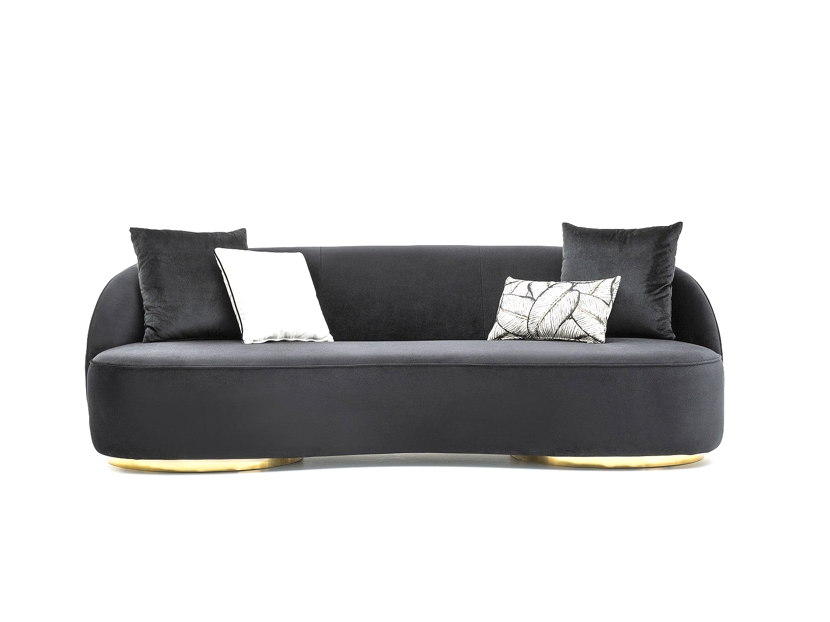 a black couch with two pillows on top of it